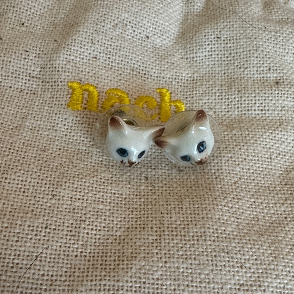 Handmade White Ceramic Cat Head Stud Earrings - Charming Animal Jewelry